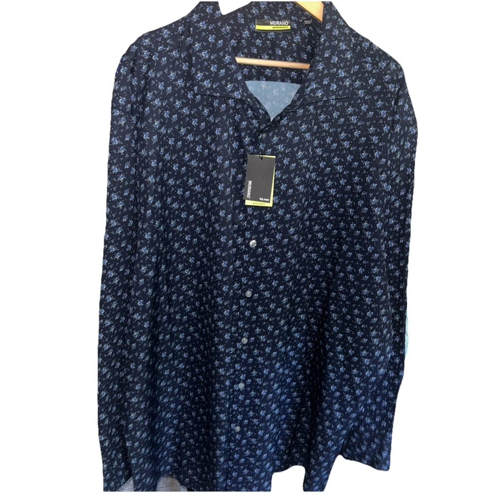 Murano Performance Mens Navy Blue Floral Ditsy Print Button Down Shirt 4XB NEW